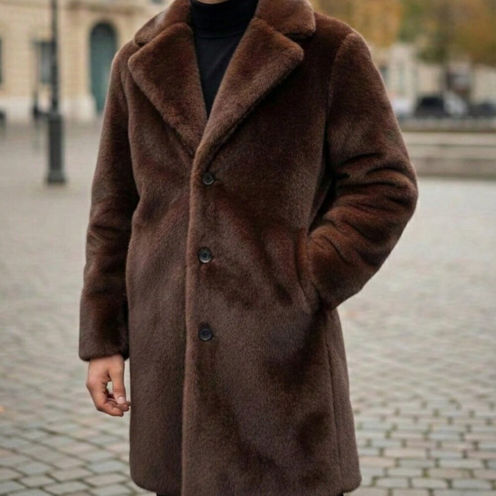 Brown Casual Men's Faux Mink Fur Long Coat - Picture 2 of 4